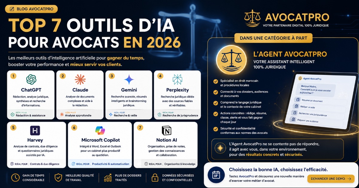 Top 7 outils d'IA pour avocats en 2026 et pourquoi l'agent AvocatPro est dans une catégorie à part